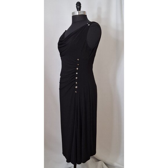 Slimming Black Cocktail Dress 14P Button Detail Deep Cowl Neck Drape MatteJersey - Picture 3 of 14